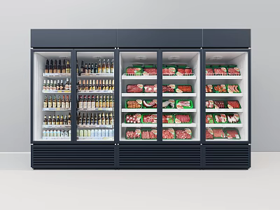 Three Door Display Freezer Fully Stocked With Beverages And Meat Products 3d model