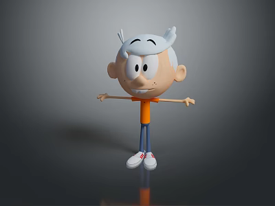 Cartoon Boy Character With White Hair Orange Shirt Blue Pants And Grey Background 3d model