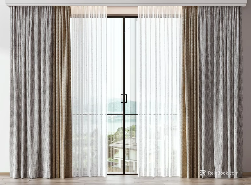 Modern Sheer And Solid Curtains With Gray Beige Fabric For Window Building View 3d model 