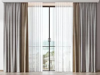 Modern Sheer And Solid Curtains With Gray Beige Fabric For Window Building View 3d model