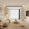 Minimalist Modern Living Room With Beige Sofa Round Coffee Table Floor Lamp Wall Painting TV