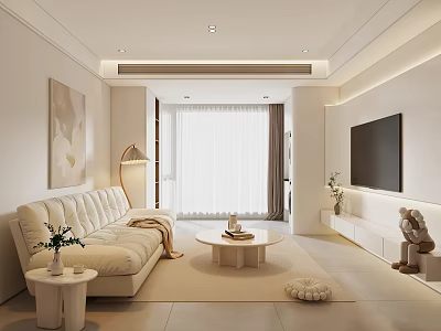 Minimalist Modern Living Room With Beige Sofa Round Coffee Table Floor Lamp Wall Painting TV 3d model