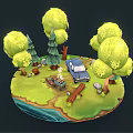 Vibrant Cartoon Scene With Green Trees Blue Car Small Character Grassland And Water Area