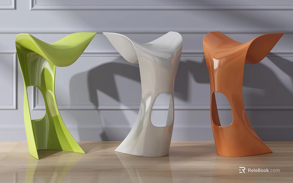 Modern Green White Orange Bar Stools With Curved Design On Wooden Floor 3d model 