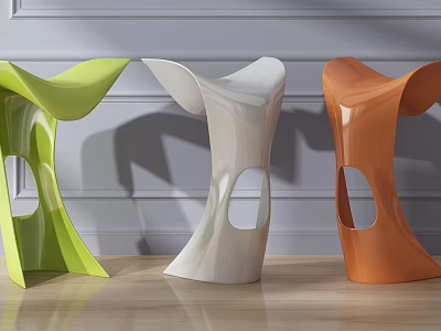 Modern Green White Orange Bar Stools With Curved Design On Wooden Floor 3d model