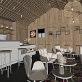 Cozy Cafe Interior With Wooden Ceiling Bar Counter High Stools And White Chairs