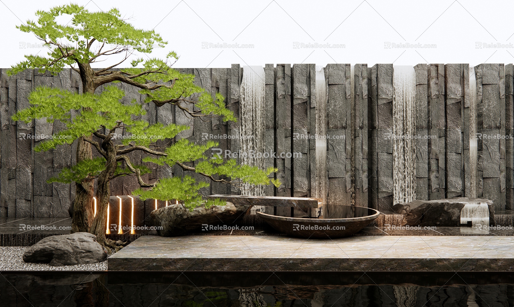 New Chinese style waterscape wall water bowl rubble stone drop water landscape wall stone pine rockery waterscape model