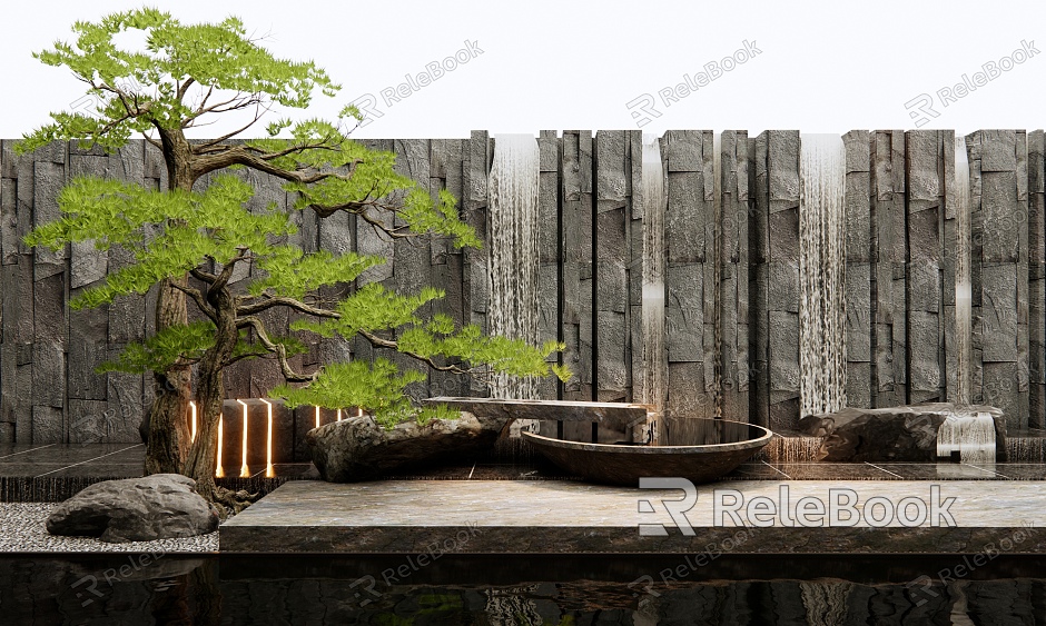 New Chinese style waterscape wall water bowl rubble stone drop water landscape wall stone pine rockery waterscape model