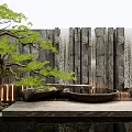 Natural Stone Garden Wall With Waterfall Green Tree And Water Reflection
