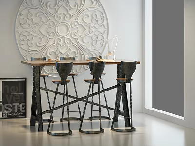 Modern Bar Counter With Decorative White Carved Wall Black Metal Stools And Wine Glass Decor 3d model
