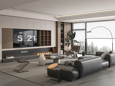 Modern Living Room Interior With TV Wall Fireplace Black Leather Sofa And Scenic View 3d model