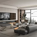 Modern Living Room Interior With TV Wall Fireplace Black Leather Sofa And Scenic View