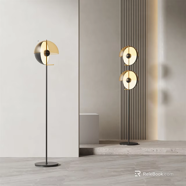 Modern Floor Lamp With Gold Round Shade And Black Metal Stand In Minimalist Interior 3d model 
