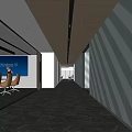 Modern Office Corridor With Marble Floor Geometric Pattern Walls And Wooden Ceiling