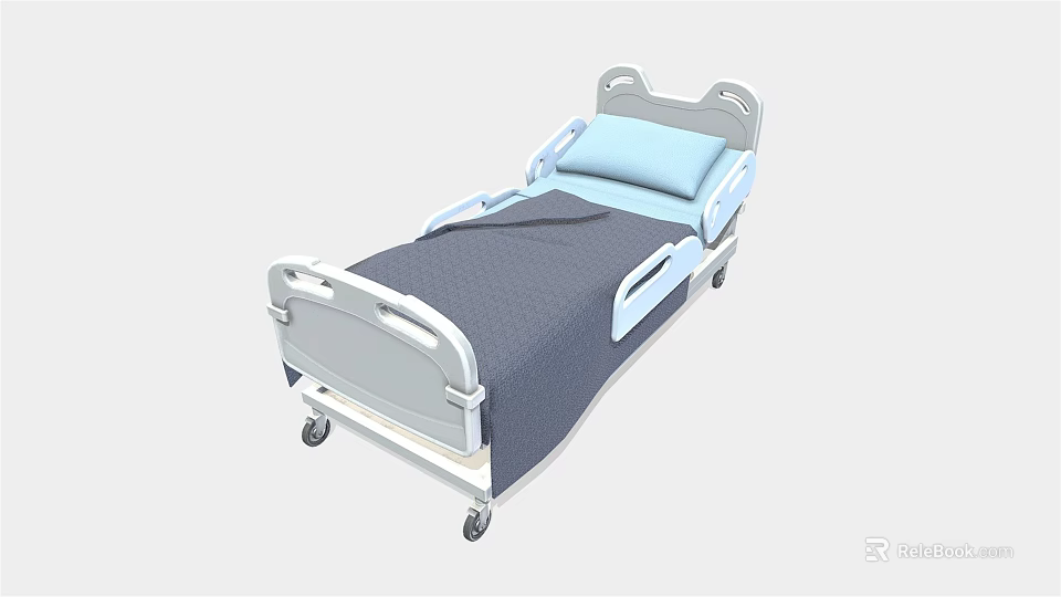 Medical Hospital Bed With Blue Mattress Gray Frame Side Rails And Mobile Wheels 3d model 