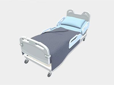 Medical Hospital Bed With Blue Mattress Gray Frame Side Rails And Mobile Wheels 3d model