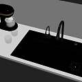 Black Kitchen Sink With Running Water Coffee Maker And Glasses On White Countertop