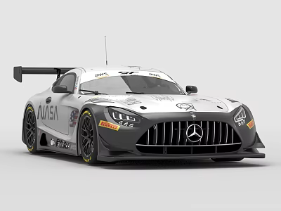 Mercedes White Racing Car With Rear Wing Sponsor Logos And Large Tires 3d model