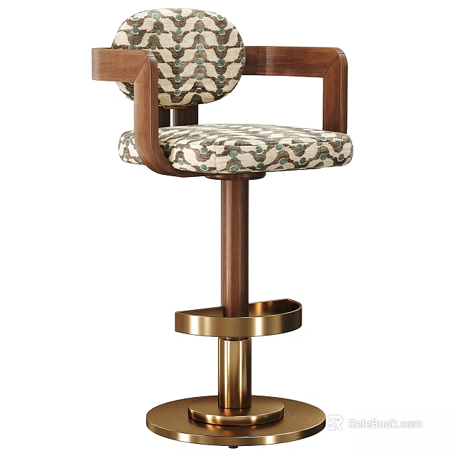 Stylish Bar Stool With Wooden Armrests Patterned Fabric Seat And Gold Metal Base 3d model 