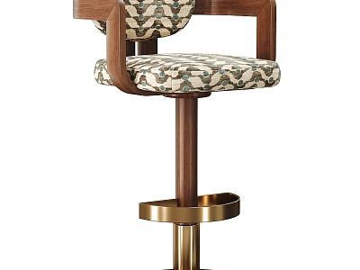 Stylish Bar Stool With Wooden Armrests Patterned Fabric Seat And Gold Metal Base 3d model