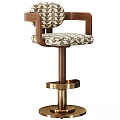 Stylish Bar Stool With Wooden Armrests Patterned Fabric Seat And Gold Metal Base