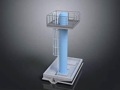 Blue Industrial Column Structure With Platform Railing Ladder And Concrete Base 3d model