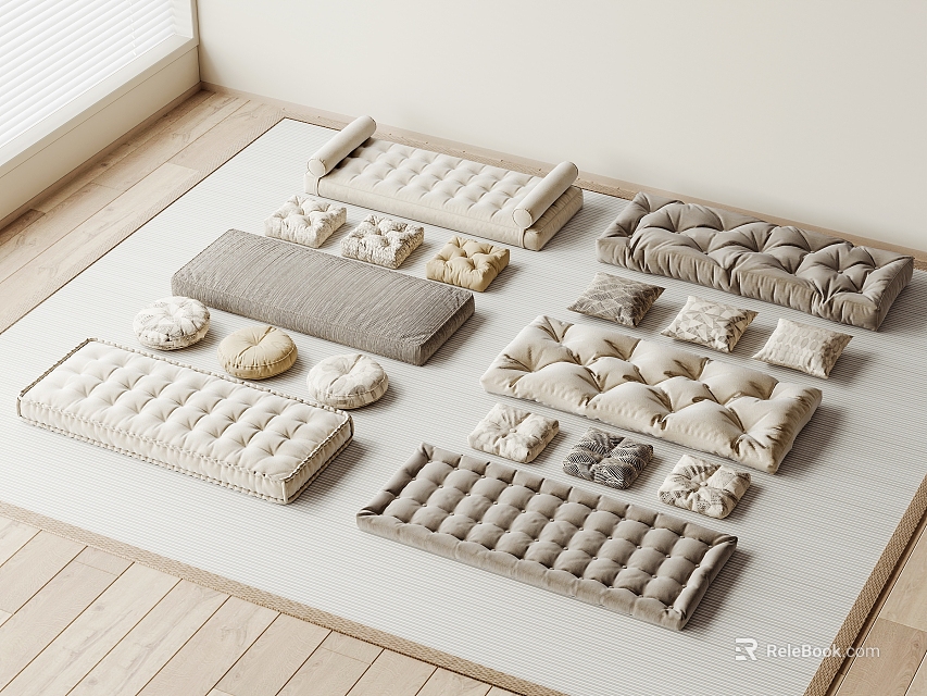 Various Styles Light Colored Pillows Rectangular Cushions On Light Mat Wooden Floor And Bright Lighting 3d model 