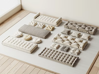 Various Styles Light Colored Pillows Rectangular Cushions On Light Mat Wooden Floor And Bright Lighting 3d model