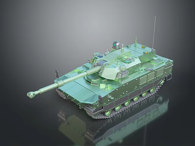 Green Armored Military Tank with Long Cannon Tracks Antenna and Reflective Surface 3d model