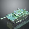 Green Armored Military Tank with Long Cannon Tracks Antenna and Reflective Surface
