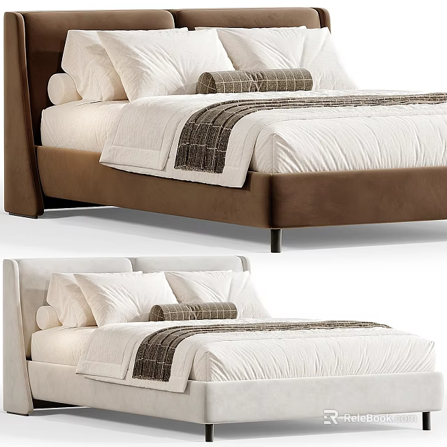 Modern Brown and White Double Bed With Plaid Throw Pillows and Bed Sheets 3d model