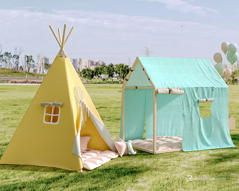 Outdoor Campsite With Yellow Teepee Tent And Light Blue Cabin Style Tent On Green Lawn 3d model 