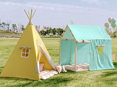 Outdoor Campsite With Yellow Teepee Tent And Light Blue Cabin Style Tent On Green Lawn 3d model