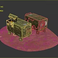 Two Green Military Equipment Boxes With Open Lid And Wheels On Red Ground