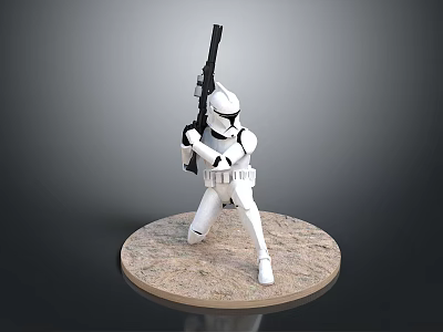 Game Movie Character White Armor Soldier Holding Rifle In Standing Pose On Round Base 3d model