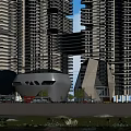 Modern Commercial Street With High Rise Buildings Glass Facades Shops Vehicles And Green Spaces