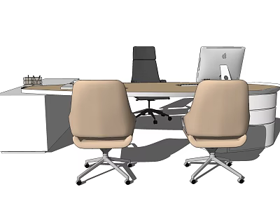 Modern Office Desk With Computer Monitors And Three Beige Office Chairs 3d model