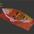 Old Weathered Wooden Boat Displayed On Mossy Earthy Platform With Dark Background