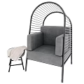 Modern Gray Single Sofa With Arched Metal Frame And Small Stool Blanket 3d model