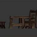 Wooden Furniture Collection Featuring Rectangular Table Chair And Red Cushioned Stools