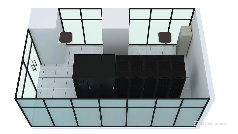 Modern Server Room Interior With Black Racks Glass Walls And Tiled Floor 3d model 
