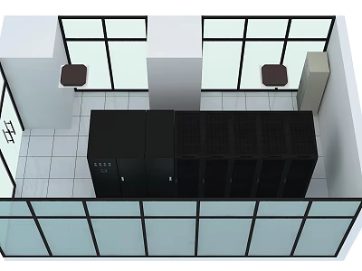 Modern Server Room Interior With Black Racks Glass Walls And Tiled Floor 3d model