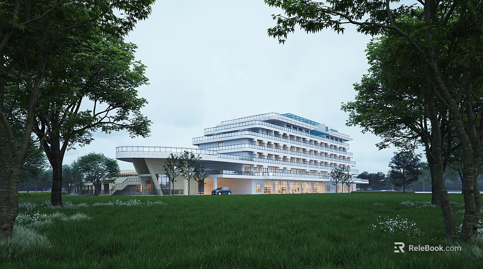 Modern Sales Office Building With Glass Curtain Wall And Green Lawn Surroundings 3d model 