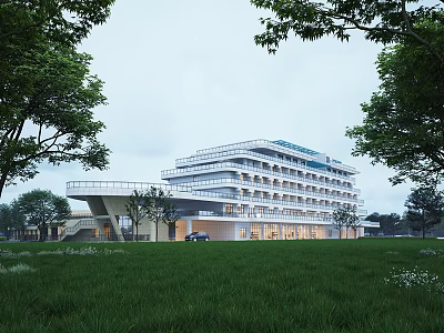 Modern Sales Office Building With Glass Curtain Wall And Green Lawn Surroundings 3d model