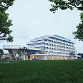 Modern Sales Office Building With Glass Curtain Wall And Green Lawn Surroundings