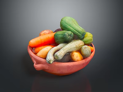 Colorful Assorted Fresh Vegetables in Rustic Clay Bowl on Dark Background 3d model