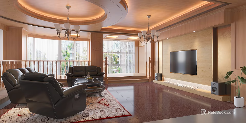 Elegant Living Room Interior With Black Leather Sofas Coffee Table TV Chandeliers And Large Windows 3d model 