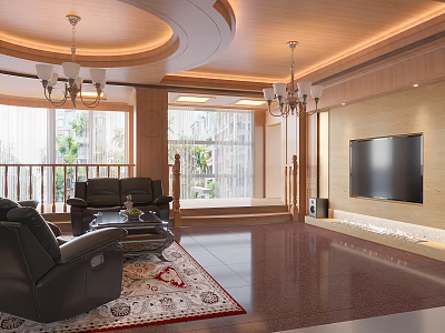 Elegant Living Room Interior With Black Leather Sofas Coffee Table TV Chandeliers And Large Windows 3d model
