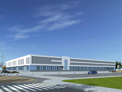Modern Industrial Factory Building Exterior With White Gray Facade Large Windows And Surrounding Road 3d model