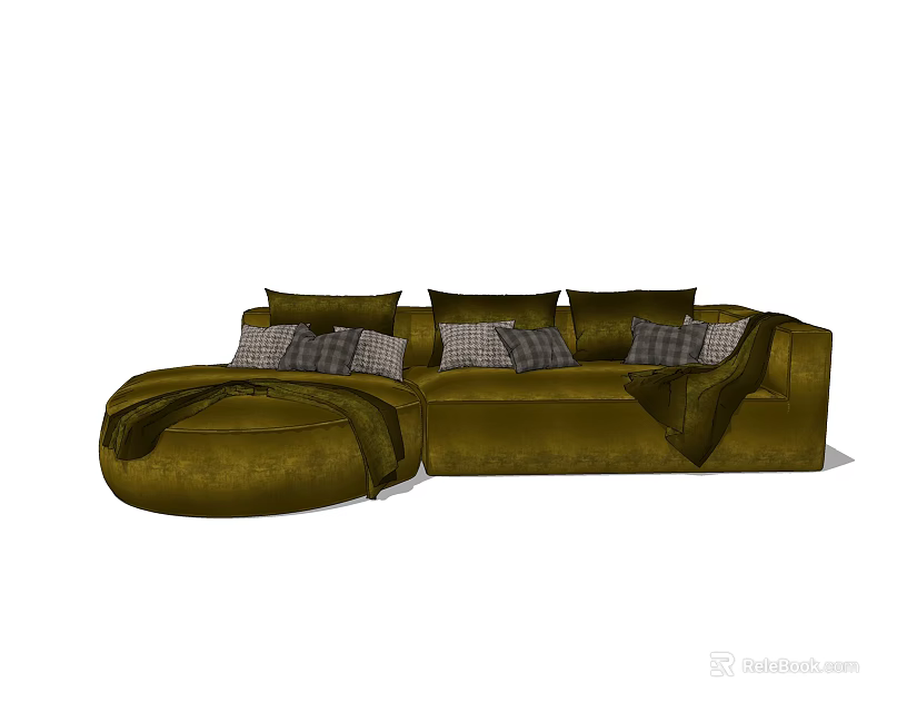 Spacious Green Sectional Sofa With Patterned Cushions And Plush Velvet Upholstery 3d model